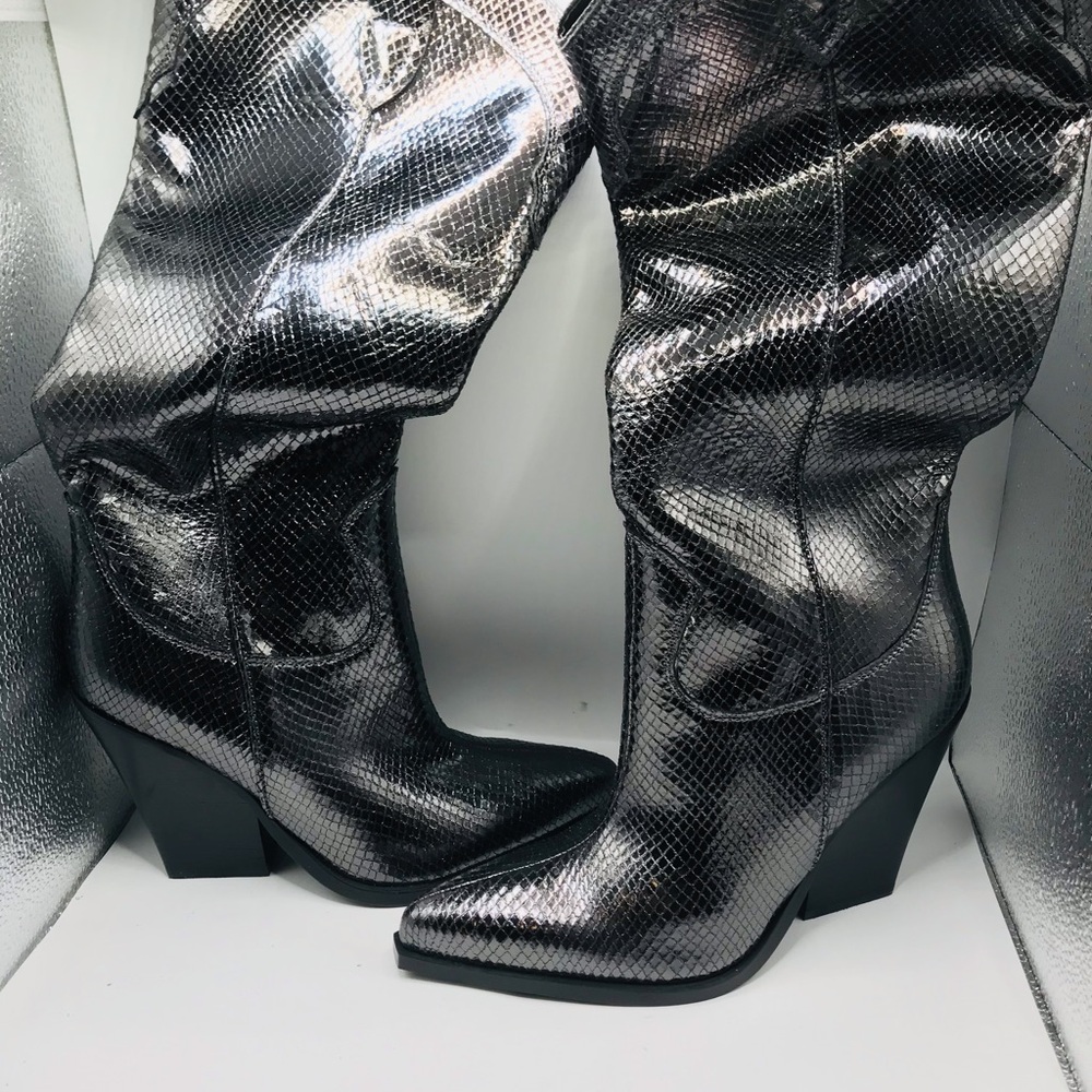 Marc fisher Metallic Snakeskin Knee-High Western Boots - Black/Silver - Picture 5 of 12
